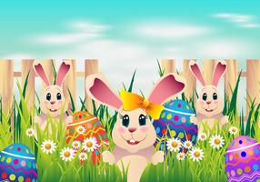 Easter Egg Hunt With Coloring Eggs and Cute Rabbit vector