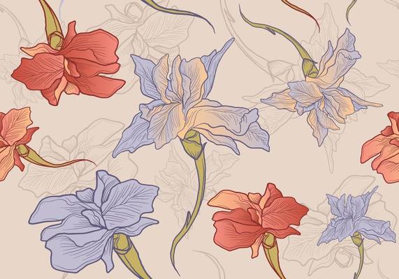 Iris Flower Hand Drawn Seamless Pattern