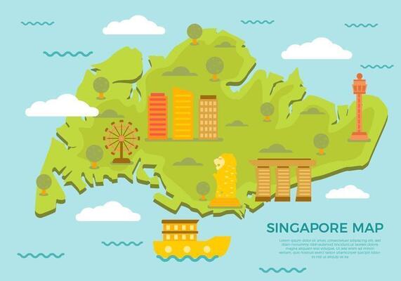 Free Singapore Map With Famous Landmark Vector