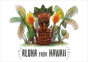 Linda tropical escena de playa con Tiki hawaiano estatua y palmeras vector