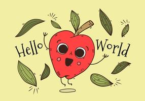 Cute Apple Character Jumping With Leaves With Happy quote vector