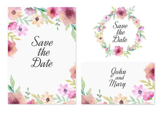 Vector Save The Date Card With Pink Watercolor Flowers