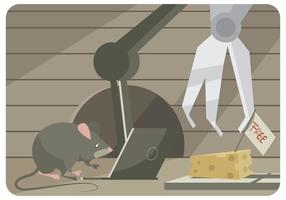 Un ratón trata de cortar una trampa de ratón con el ordenador portátil y robot vectorial