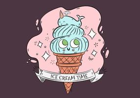 Cute Blue Ice Cream Character With Blue Whale On Top And Ribbons