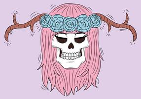 Cráneo lindo con los cuernos y el pelo rosado vector