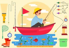 Fisherman With Equipment In Boat Vector 