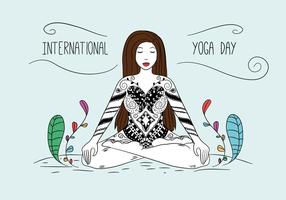 Pose De La Mujer De Yoga Con Adornos Y Hojas Coloridas vector