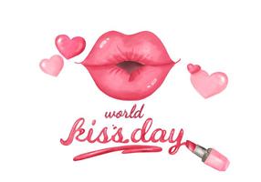 Labios atractivos de la acuarela con los corazones y cita sobre el día del beso