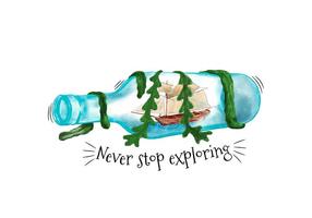 Watercolor Bottle With Ship Inside And Seaweed With Quote vector