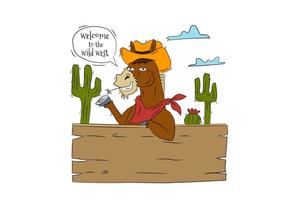 Funny Horse Cowboy Character With Cactus And Wood With Speech Bubble About Wild West vector