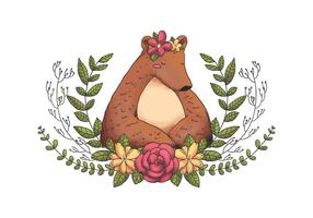 Cute Animal Forest Bear With Flower Crown, Leaves And Flowers 