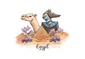 Watercolor Collage Camel Egypt Pyramids Egyptian God And Ancient Egypt vector