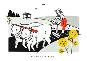 Peasant Flowing Fields With Buffalo Vector Illustration