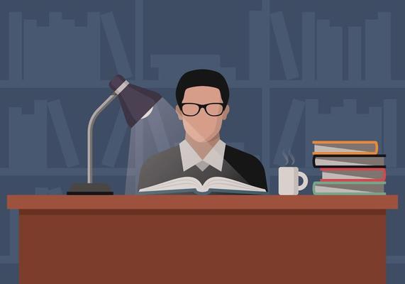 Bookworm Student Studying In Library Vector 