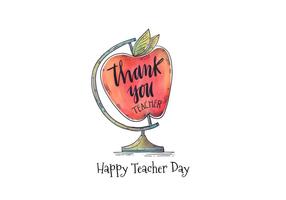 Watercolor Apple Globe With Lettering Thank You Teacher vector