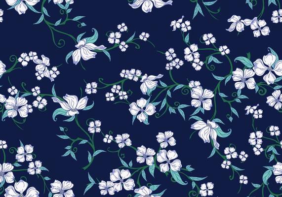 Dogwood Seamless Pattern on Blue Background