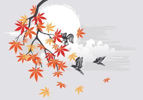 Otoño de arce japonés con aves y hermoso paisaje de fondo vector