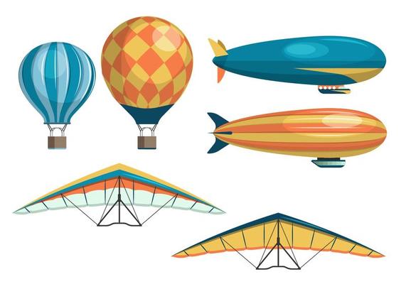 Set Of Dirigible, Air Balloon And Kite Vector Collection