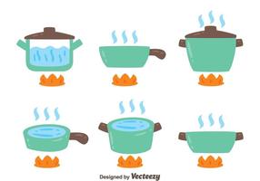 Pots with Boiling Water On White Background vector