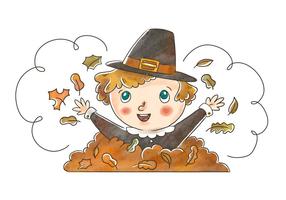 Cute Pilgrim Kid jugando con hojas de otoño para el Día de Acción de Gracias Vector