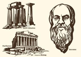 Ancient Greek Monuments And Socrates Vector Hand Drawn Set