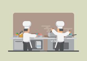 Cocinar gambas. Ilustración del restaurante. Chef de cocina. vector