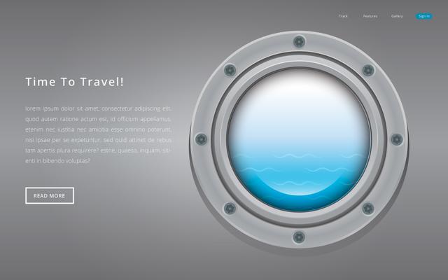 Submarine metal side porthole for underwater. Travel illustration