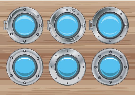 Set Illustration of Silver Window Ship Porthole on Wood Background