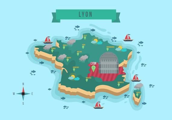 France Map With Lyon States Vector Illustration