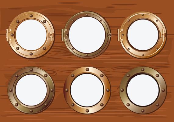 Gold Porthole or Ship Window on Wood Background