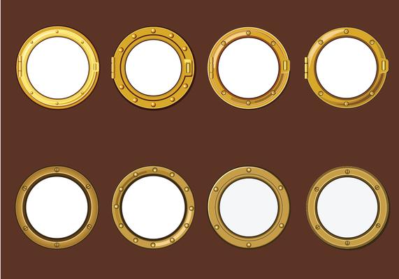 Gold Porthole or Ship Window on Wood Background Vectors 