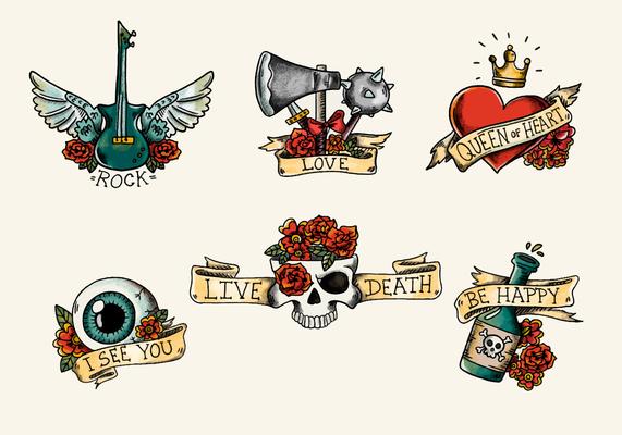 Old School Tattoo With Skull Red Roses And Ribbons