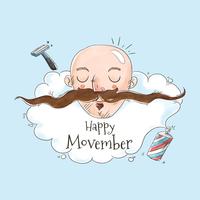 Cute Man Without Hair And Long Mustache for Movember Vector 