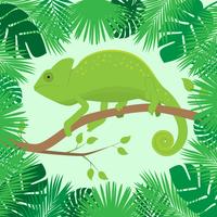 Camaleón en una rama del marco de hojas tropicales vector