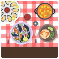 Flat Top View Scallops and seafood cuisine Vector Illustration