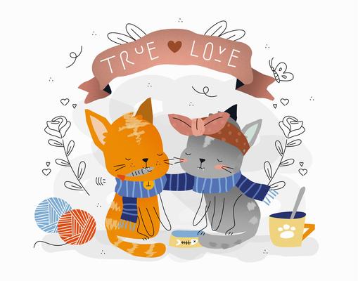 Cute Cat True Love Couple Vector Illustration