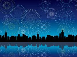 A seamless cityscape and fireworks, vector illustration.