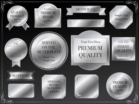 A set of assorted silver labels.