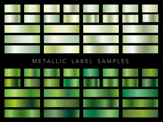 A set of various metallic label samples.