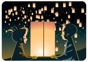 Pareja de niños con Sky Lantern Vector