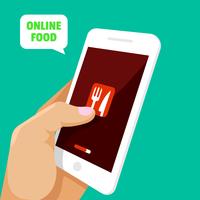 Hand touching smartphone, opening food application vector