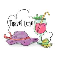 Travel Hat And Cocktail With Lemon And Clouds vector
