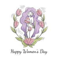 Cute Woman Character With Purple Long Hair, Leaves And Flowers To Women's Day