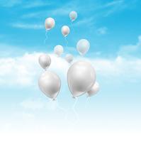 Balloons floating in a blue sky with fluffy white clouds vector