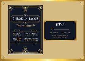 Vector de plantilla de invitación de boda de Art Deco de oro negro