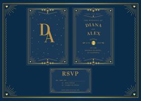 Elegant Blue Gold Pack Art Deco Wedding Invitation Template Vector