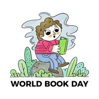 Lindo niño sobre roca y hojas leyendo un libro vector