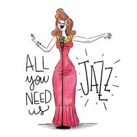 Cantante de mujer sexy jazz con vestido rojo con micrófono