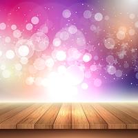 Wooden table looking out to bokeh lights background  vector