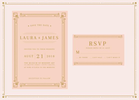 Soft Peach Art Deco Wedding Invitation Template Vector